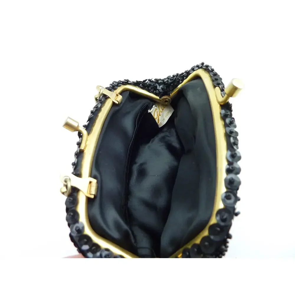 Vintage Womens Hand Beaded Evening Bag Black Gold Chain Kiss Lock Clutch Purse